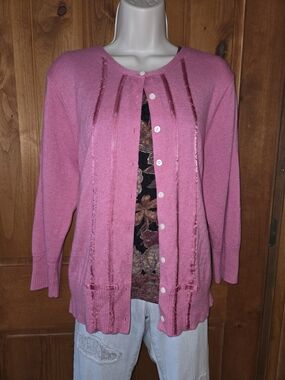 GAP Pink Button-Front Knit Cardigan With Ribbon/Bow Accents